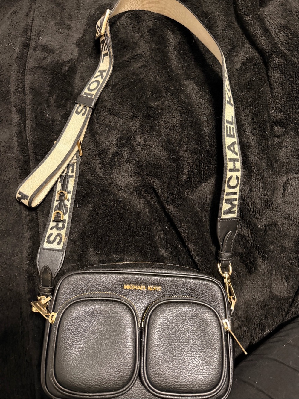 Michael Kors Black Pebbled Leather Dual-Pocket Crossbody with Logo Strap